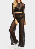 Sheer Mesh Bikini Cover Up Hoodie Crop Tops and Pants - Black