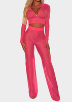 Sheer Mesh Bikini Cover Up Hoodie Crop Tops and Pants - Watermelon Red