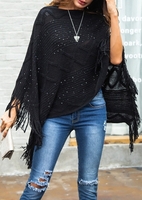 Solid Asymmetric Fringe Poncho Sweater without Necklace