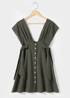 Solid Button Deep V-Neck Mini Dress without Necklace