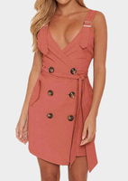 Solid Button Deep V-Neck Mini Dress without Necklace
