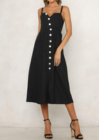 Solid Button Spaghetti Strap V-Neck Casual Dress - Black