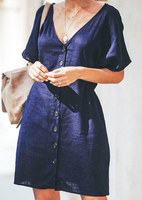Solid Button V-Neck Mini Dress without Necklace - Navy Blue