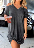 Solid Cold Shoulder Casual Mini Dress - Dark Gray