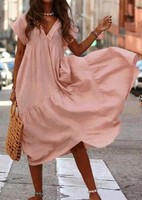 Solid Deep V-Neck Casual Dress without Necklace - Pink
