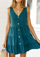 Solid Deep V-Neck Mini Dress without Necklace - Dark Green