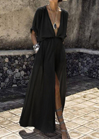 Solid Deep V-Neck Slit Maxi Dress without Necklace - Black