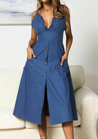 Solid Denim Button Casual Dress without Necklace - Blue