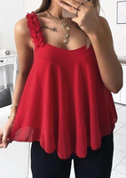 Solid Flower Spaghetti Strap V-Neck Camisole - Red