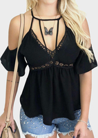 Solid Hollow Out Cold Shoulder Blouse without Necklace - Black
