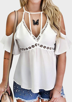 Solid Hollow Out Cold Shoulder Blouse without Necklace - White