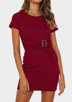 Solid Knitted Bodycon Dress without Necklace - Burgundy