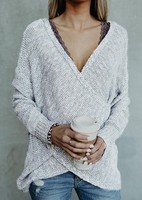 Solid Knitted Wrap V-Neck Sweater without Necklace