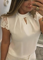 Solid Lace Floral Ruched Hole Blouse without Necklace
