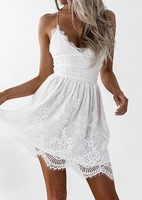 Solid Lace Floral Spaghetti Strap Backless Mini Dress