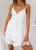 Solid Lace Floral Splicing Mini Dress without Necklace - White