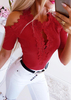 Solid Lace Splicing Hollow Out Cold Shoulder Blouse - Red
