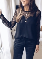 Solid Lace Splicing Long Sleeve Blouse without Necklace