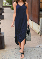 Solid O-Neck Sleeveless Pocket Maxi Dress - Navy Blue