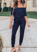 Solid Off Shoulder Drawstring Jumpsuit - Navy Blue