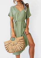 Solid Pocket V-Neck Casual Dress without Necklace - Green