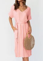 Solid Pocket V-Neck Casual Dress without Necklace - Pink