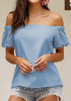 Solid Pompon Ruffled Off Shoulder Blouse - Sky Blue