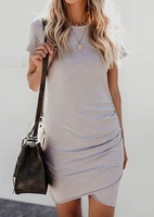 Solid Ruched Short Sleeve Bodycon Dress without Necklace