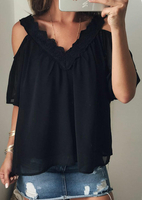 Solid Ruffled Cold Shoulder Blouse without Necklace - Black