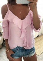 Solid Ruffled Cold Shoulder V-Neck Blouse without Necklace - Pink