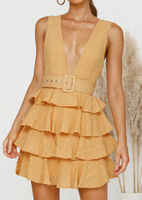 Solid Ruffled Deep V-Neck Mini Dress without Necklace - Yellow