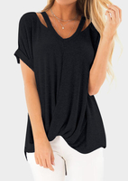 Solid Ruffled Hollow Out Blouse without Necklace - Black