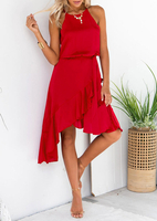 Solid Ruffled Irregular Casual Dress without Necklace - Red