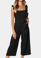 Solid Ruffled Pocket Jumpsuit without Necklace - Black