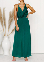 Solid Ruffled Spaghetti Strap Jumpsuit without Necklace - Dark Green