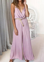 Solid Ruffled Spaghetti Strap Jumpsuit without Necklace - Pink