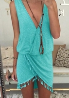 Solid Tassel Deep V-Neck Mini Dress without Necklace