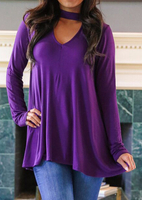 Solid V-Neck Long Sleeve Loose Blouse With Choker Plunge