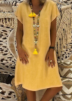 Solid V-Neck Short Sleeve Mini Dress without Necklace