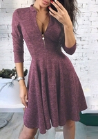 Solid Zipper Deep V-Neck Mini Dress without Necklace