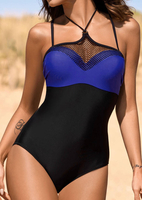Splicing Hollow Out Halter One-Piece Swimsuit - Navy Blue