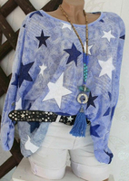 Star Tab-Sleeve O-Neck Blouse without Necklace - Blue