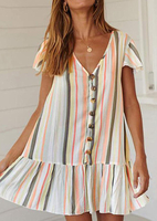Striped Button Deep V-Neck Mini Dress without Necklace - Army Green