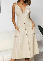Striped Button Ruffled Casual Dress without Necklace - Light Khaki