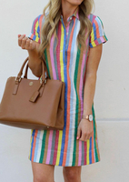 Striped Button Short Sleeve Mini Dress - Multicolor