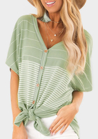 Striped Button V-Neck Blouse without Necklace - Light Green