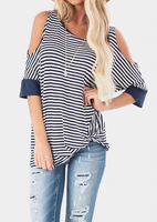 Striped Cold Shoulder Blouse without Necklace - Navy Blue