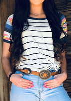 Striped Geometric Printed O-Neck T-Shirt Tee - White
