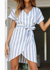Striped Irregular V-Neck Mini Dress without Necklace - Blue