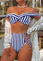 Striped Lace Up Bikini Set without Necklace - Navy Blue
